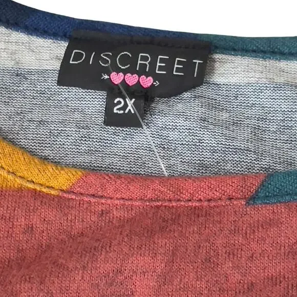 Discreet Colorblock Striped Top Plus Size 2X Drawstring Sides Long Sleeve New - Picture 5 of 6